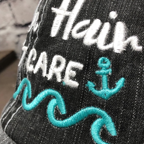 "Beach Hair Don’t Care" Embroidered/Distressed Cap - Picture 3 of 8